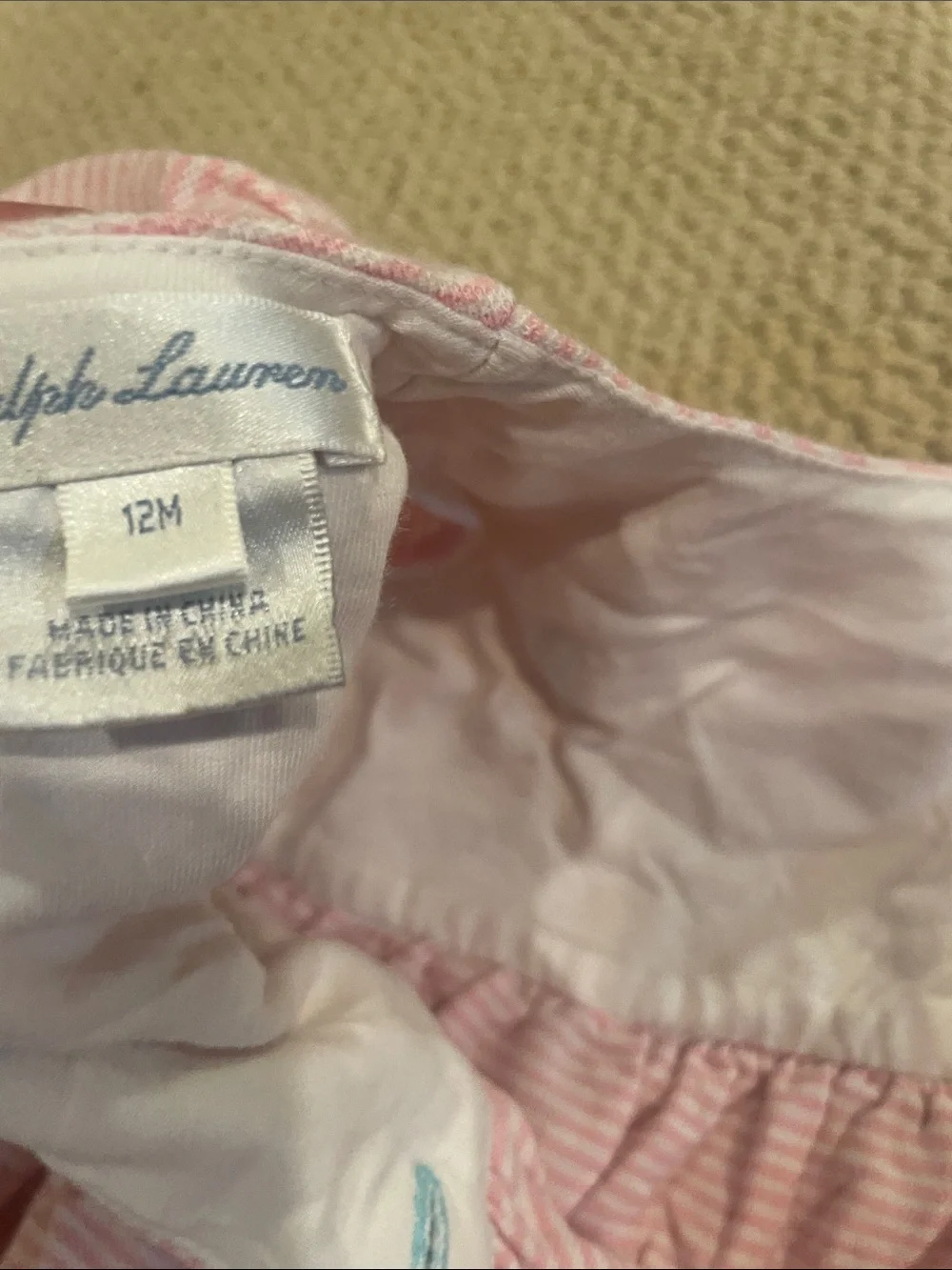 Ralph Lauren Pink Striped Baby Bubble Romper with Light Blue Ribbon